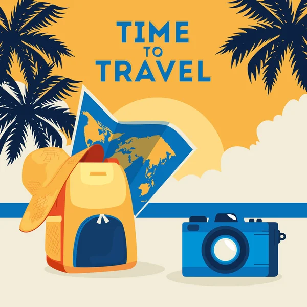 Time travel poster with summer icons in the beach — Stock Vector