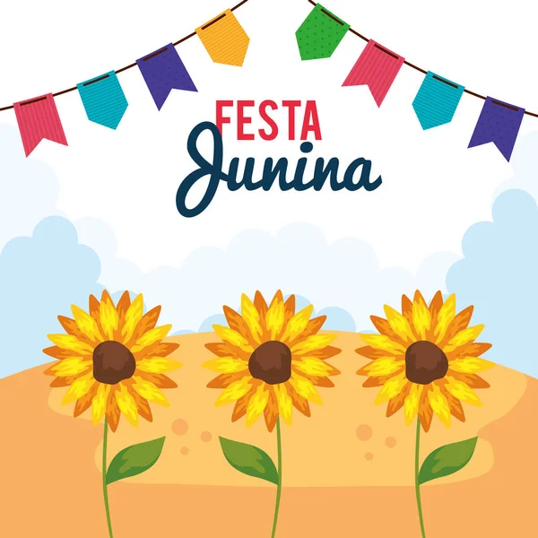 Festa junina poster con girasoli e decorazione — Vettoriale Stock