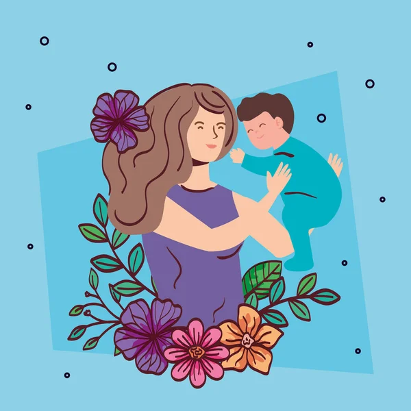 Mother lifting baby boy with flowers decoration — Stock vektor