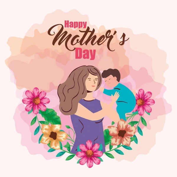 Mor med barn och blommor med blad av glada mödrar dag vektor design — Stock vektor