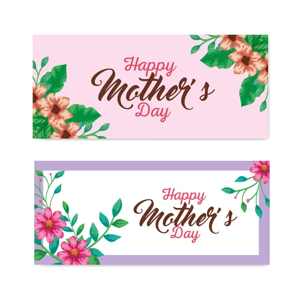 Bloemen met bladeren kaarten van gelukkige moeders dag vector ontwerp — Stockvector