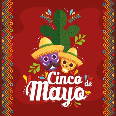 Meksika kafatası ve Cinco de Mayo vektör tasarımı kaktüsü.