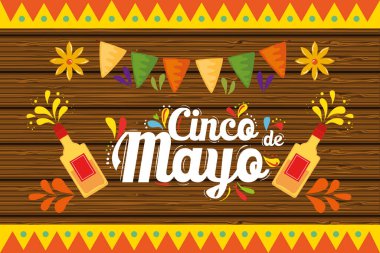 Meksika tekila şişeleri ve Cinco de mayonez vektör tasarımı flaması.