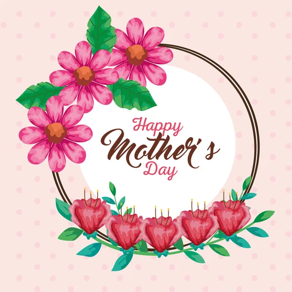 Květiny s listy kruh šťastných matek den přes špičaté pozadí vektor design — Stockový vektor