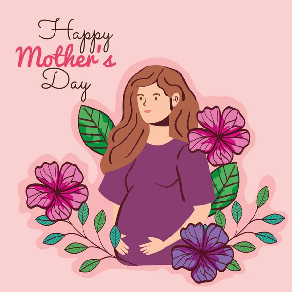 임신부 와화 꽃 장식 이 있는 행복 한 어머니 날 카드 — 스톡 벡터