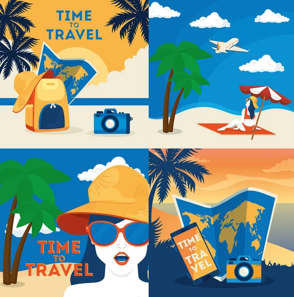 Ensemble affiche de voyage dans le temps et des icônes d'été — Image vectorielle