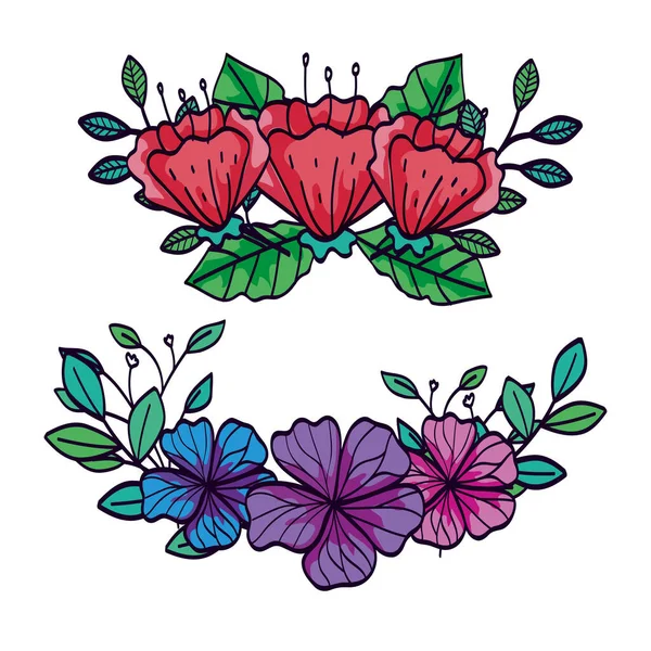 Ensemble décorations de fleurs avec des feuilles — Image vectorielle