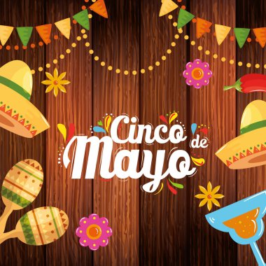 Meksika şapkalı marakas kokteyli ve Cinco de mayonez vektör tasarımlı biber.