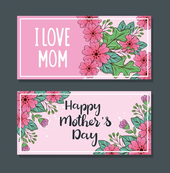 Set glücklicher Muttertagskarten mit Blumen und Blätterdekoration — Stockvektor