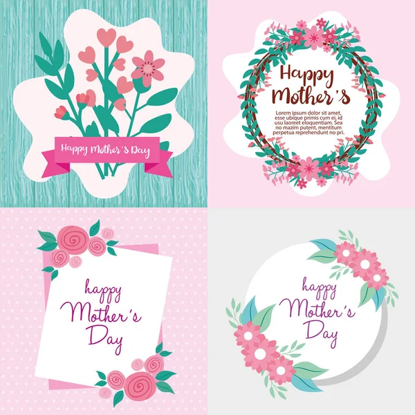 Set kaarten van gelukkige moederdag met bloemen decoratie — Stockvector