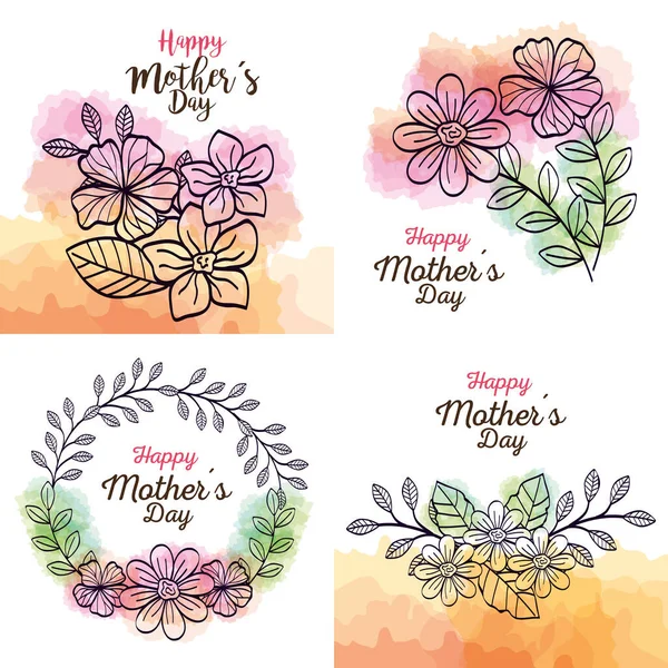 Set kaarten van gelukkige moederdag met bloemen decoratie — Stockvector