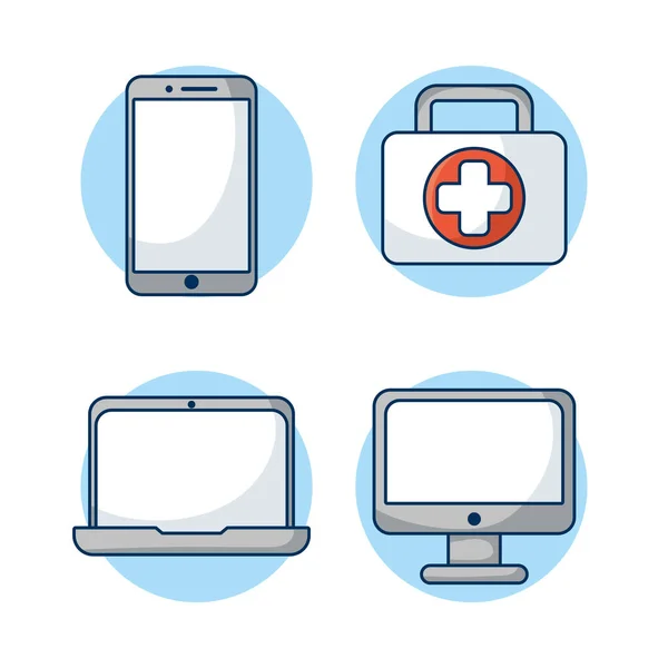 Hälso- och sjukvård på nätet teknik med uppsättning ikoner — Stock vektor