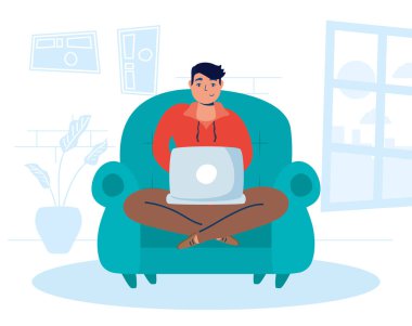 Kanepede dizüstü bilgisayar kullanan adam seçim kampanyasında kalıyor.