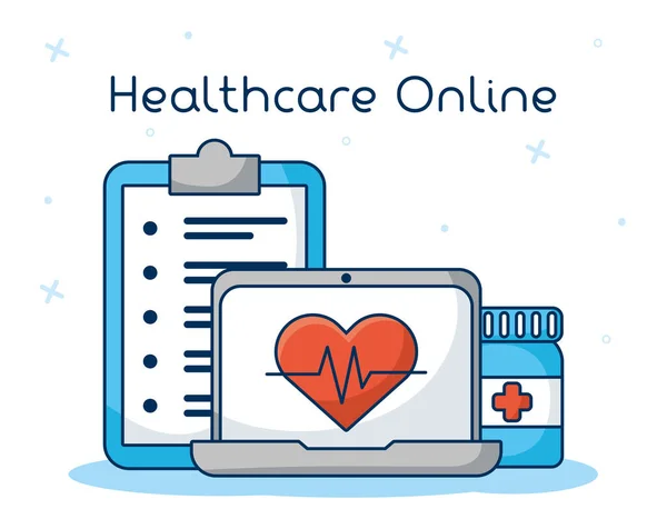 Opieka zdrowotna on-line z laptopem — Wektor stockowy