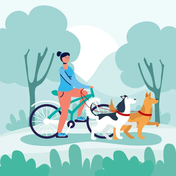 妇女在自行车活动中遛狗 — 图库矢量图片