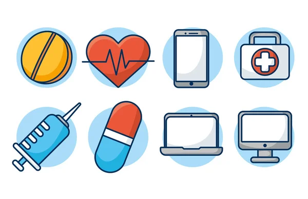 Hälso- och sjukvård på nätet teknik med uppsättning ikoner — Stock vektor