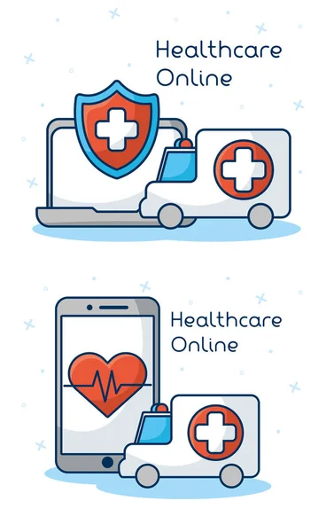 Υγειονομική περίθαλψη on-line τεχνολογία με set icons — Διανυσματικό Αρχείο