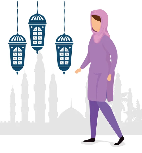 Жінка мусульманин ходить з ліхтарями, що звисають — стоковий вектор