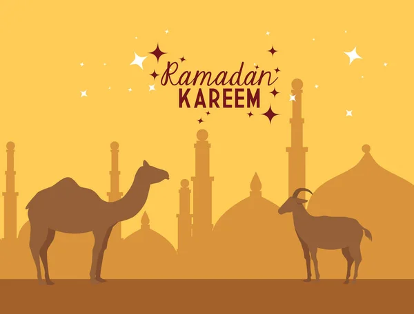 Affiche ramadan kareem avec chameaux — Image vectorielle