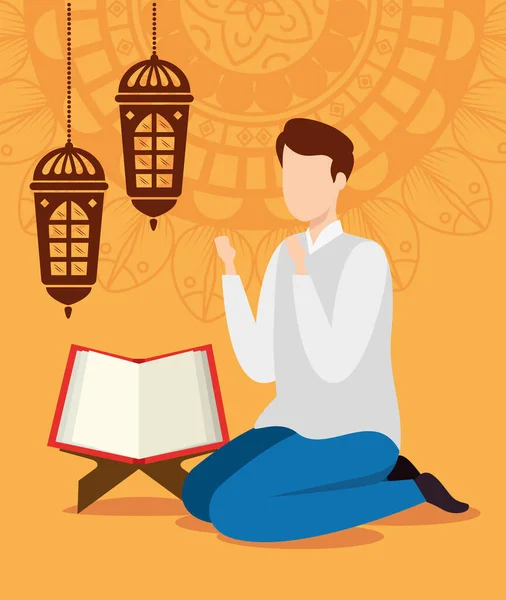 Ramadan kareem affisch med lyktor hängande och muslim man — Stock vektor