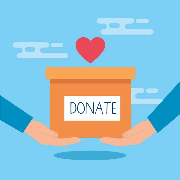 Caixa de doação de caridade com as mãos e coração — Vetor de Stock