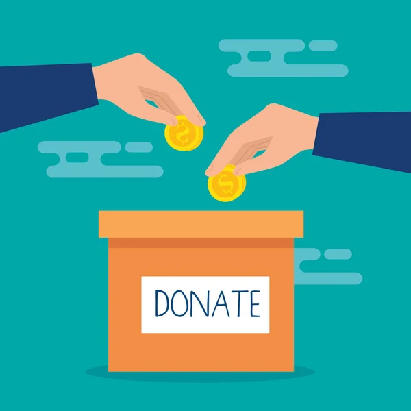 Liefdadigheid donatie doos met handen en munten — Stockvector