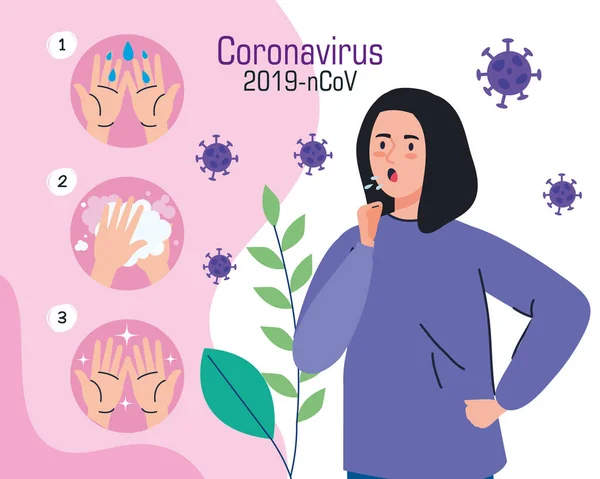 Coronavirus 2019 ncov Infografik mit kranken Frauen und häufigem Händewaschen Kampagne — Stockvektor