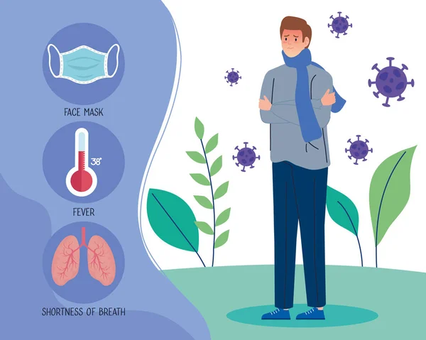 Coronavirus 2019 ncov infographic en man met koorts en pictogrammen — Stockvector