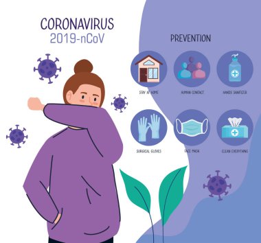 Öksüren ve Coronavirüs 2019 ncov ve simge bilgisi olan kadın.