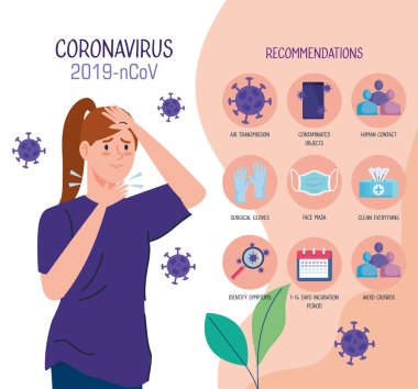 Boğazı ağrıyan ve Coronavirus 2019 ncov ve ikonlarının bilgisine sahip bir kadın.