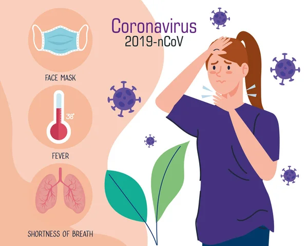 Коронавірус 2019 інфографіка і жінка з болем у горлі та іконах — стоковий вектор