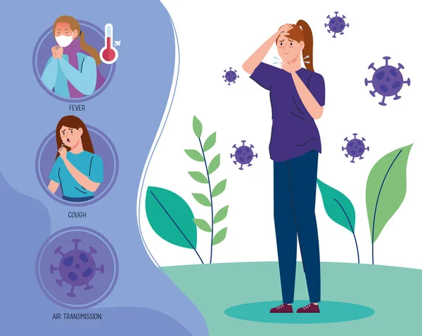 Coronavirus 2019 infográfico e mulher com dor de garganta e ícones —  Vetores de Stock
