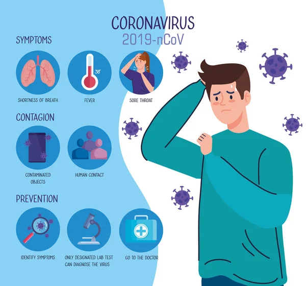 Hombre enfermo e infografía de coronavirus 2019 ncov e iconos — Archivo Imágenes Vectoriales