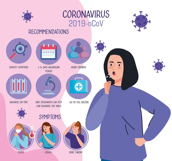 Frau mit Husten und Infografik zum Coronavirus 2019 ncov und Symbole — Stockvektor