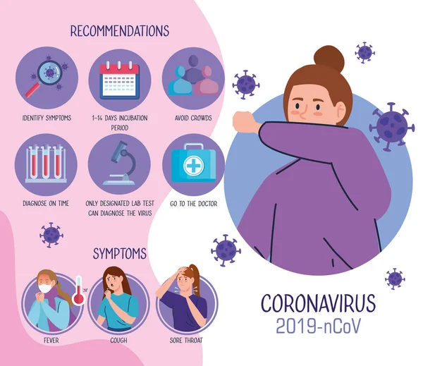 Femme avec toux et infographie du coronavirus 2019 ncov et icônes — Image vectorielle