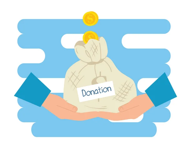Hands with bag money of charity donation — Stock Vector