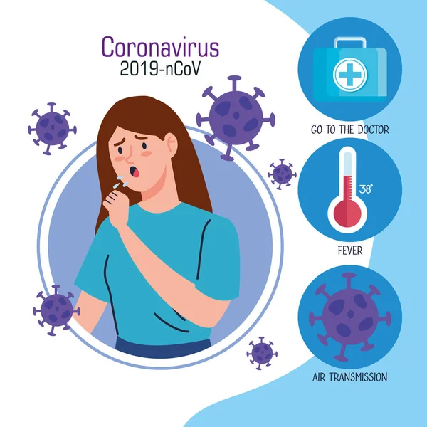 Coronavirus 2019 ncov infographie et femme avec toux et icônes — Image vectorielle