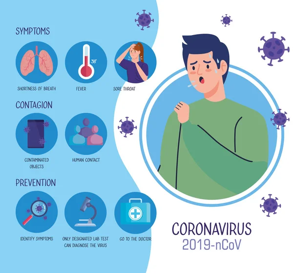 Mann mit Husten und Coronavirus 2019 ncov und Symbole — Stockvektor
