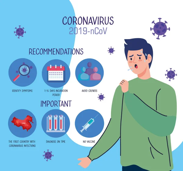 Людина з кашлем та інфографікою коронавірусу 2019 ncov та ікони — стоковий вектор