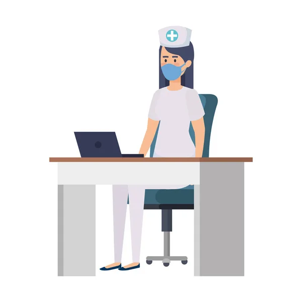 Verpleegster met gezichtsmasker in bureau en laptop — Stockvector