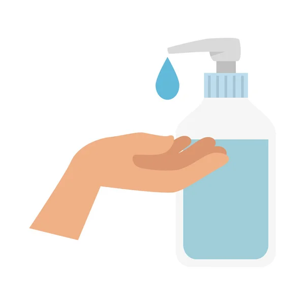 Ręka z butelką środka dezynfekującego zapobieganie covid 19 — Wektor stockowy