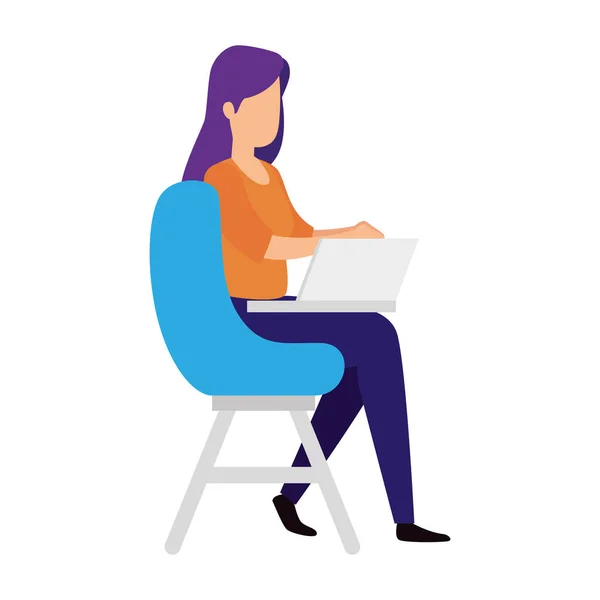 Mujer sentada en silla con el icono del ordenador portátil aislado — Vector de stock