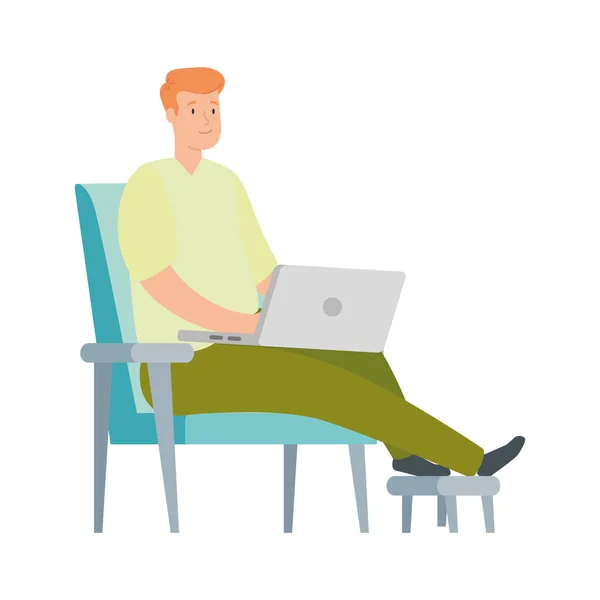 Man sitting in chair with laptop isolated icon — Stock Vector