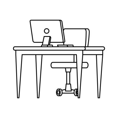 Masası ve sandalyesi olan bir iş yeri.