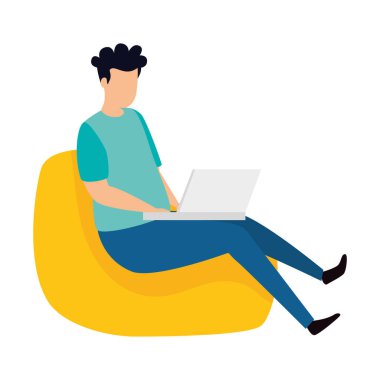 Pouf 'ta dizüstü bilgisayarlı bir adam oturuyor