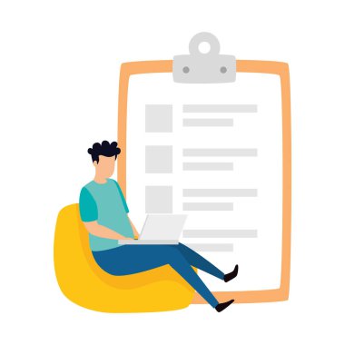 Dizüstü bilgisayarı ve panosu olan genç adam.