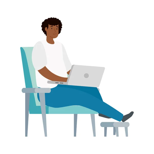 Muž afro sedí v křesle s notebookem izolované ikony — Stockový vektor