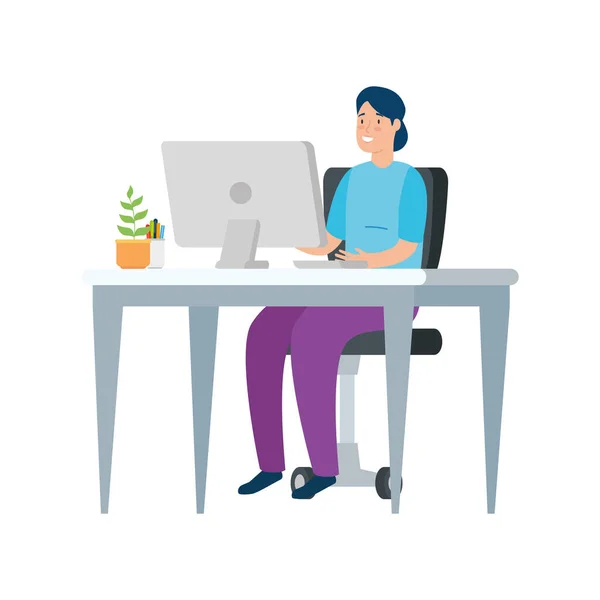 Mulher com mesa e computador no local de trabalho — Vetor de Stock