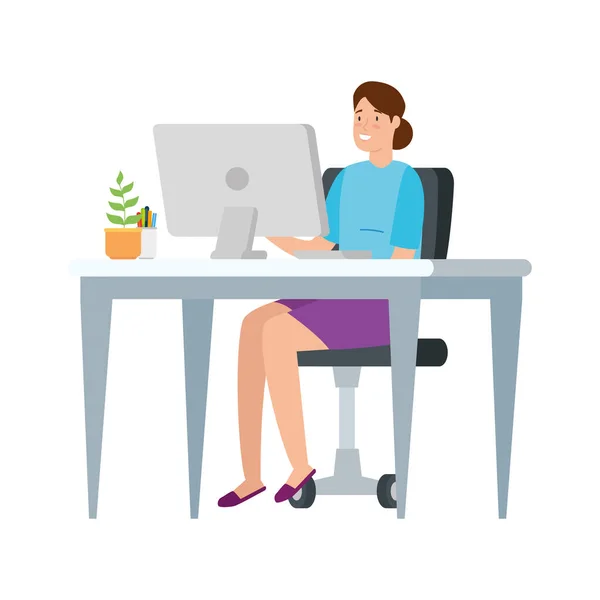 Wanita dengan meja dan komputer di tempat kerja - Stok Vektor