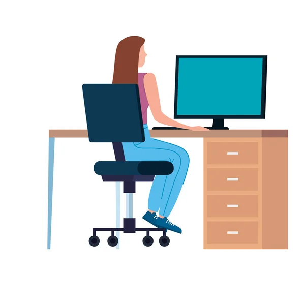 Beautiful woman with desk in workplace — Stock Vector